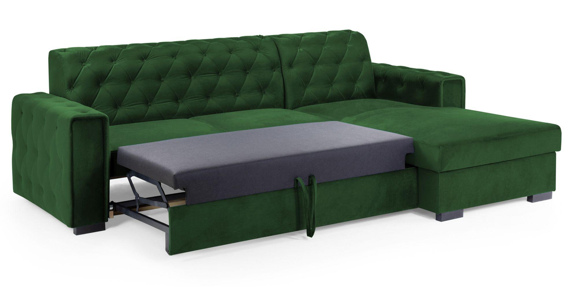 Product photograph of Reva Green Fabric Right Hand Facing Pull Out Corner Sofabed With Storage from Choice Furniture Superstore.